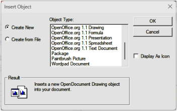 Insert OLE Object dialog — Further Objects page