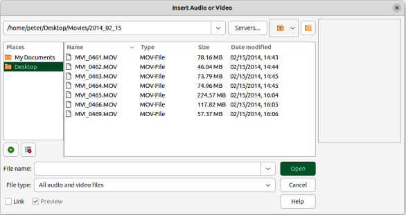 Insert Audio or Video file browser