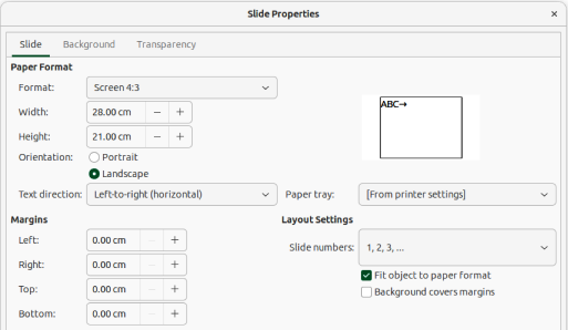 Slide Properties dialog — Slide page