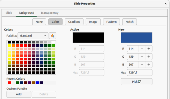 Slide Properties dialog — Background page