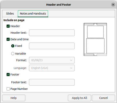 Header and Footer dialog — Notes and Handouts page