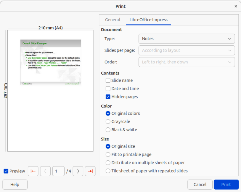 Print dialog — LibreOffice Impress Notes — Linux or Windows