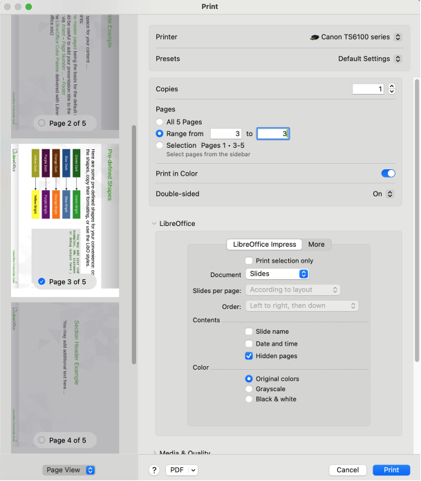 Print dialog — LibreOffice Impress Notes — macOS