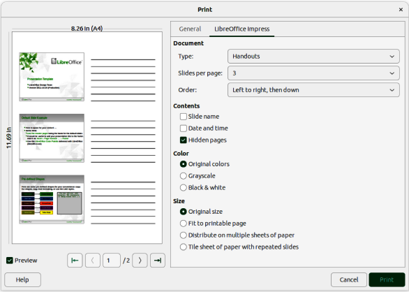 Print dialog — LibreOffice Impress — Handouts page