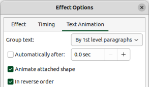 Effect Options dialog — Text Animation page