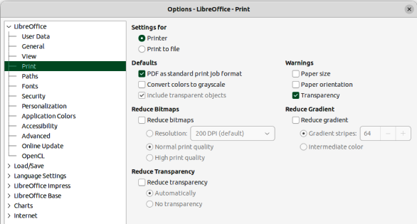 Options LibreOffice Print dialog