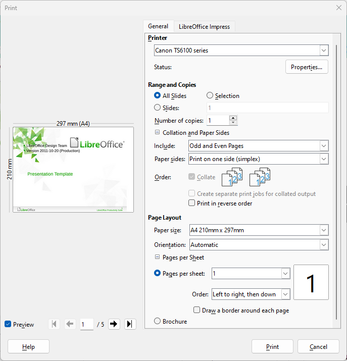 Print dialog — General — Windows/Linux