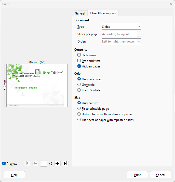 Print dialog — LibreOffice Impress — Windows/Linux