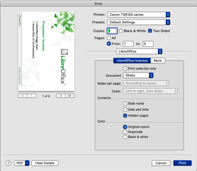 Print dialog — LibreOffice Impress — macOS