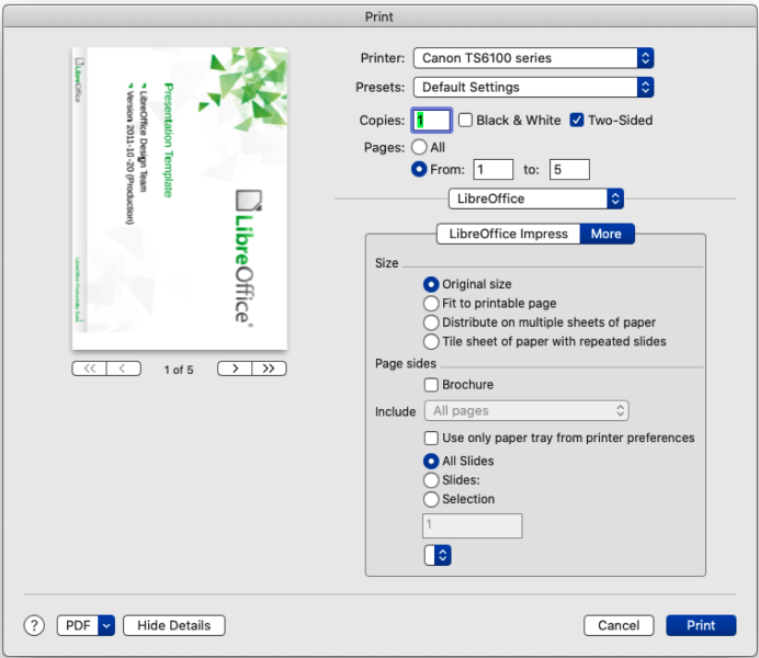 Print dialog — LibreOffice Impress — More — macOS