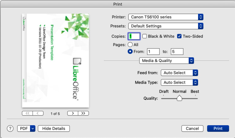Print dialog — Media & Quality — macOS