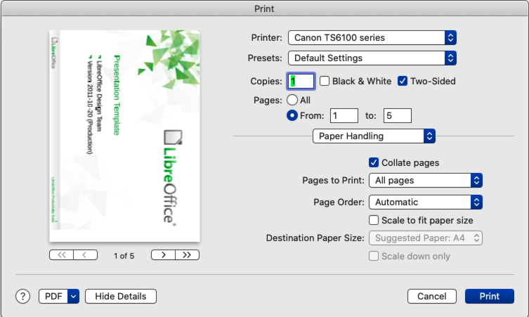 Print dialog — Paper Handling — macOS