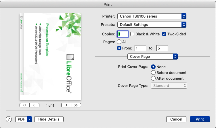 Print dialog — Cover Page — macOS