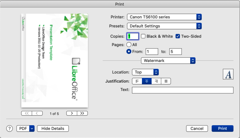 Print dialog — Watermark — macOS