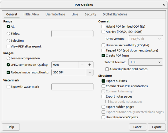 PDF Options dialog — General page