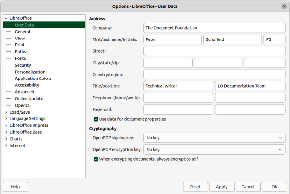 Options LibreOffice dialog — User Data page