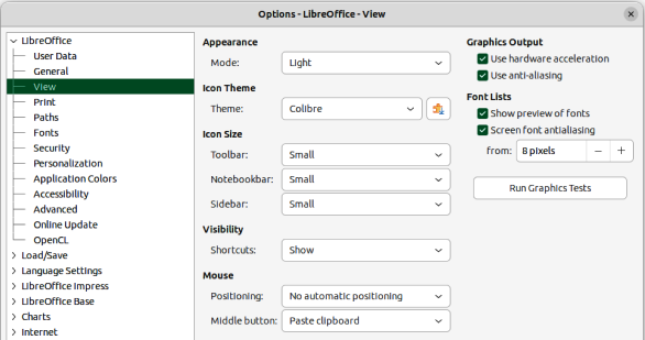 Options LibreOffice dialog — View page