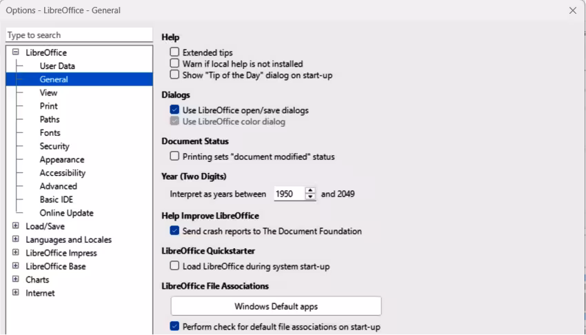 Options LibreOffice dialog — General page