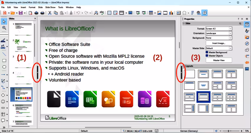 Example of Impress main window
Slides pane
Workspace
