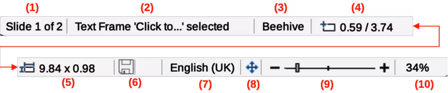 Impress Status Bar
Slide number
Information area
Master slide
Cursor position
Object size
Unsaved changes
Text language
Fit slide
Zoom slider
