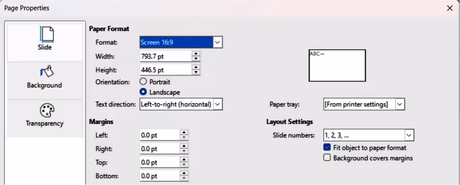 Page Properties dialog — Slide page