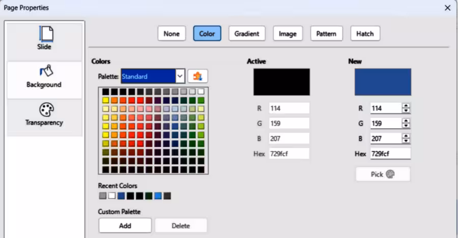 Slide Properties dialog — Background Color page