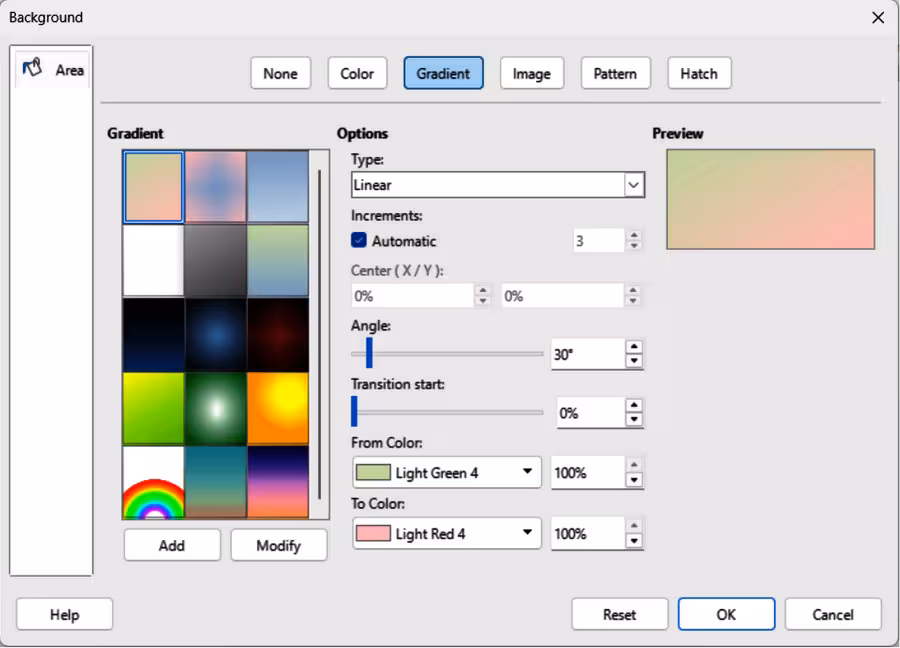 Background dialog — Area Gradient page