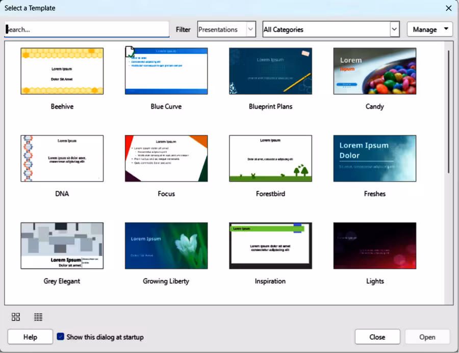 Select a Template dialog