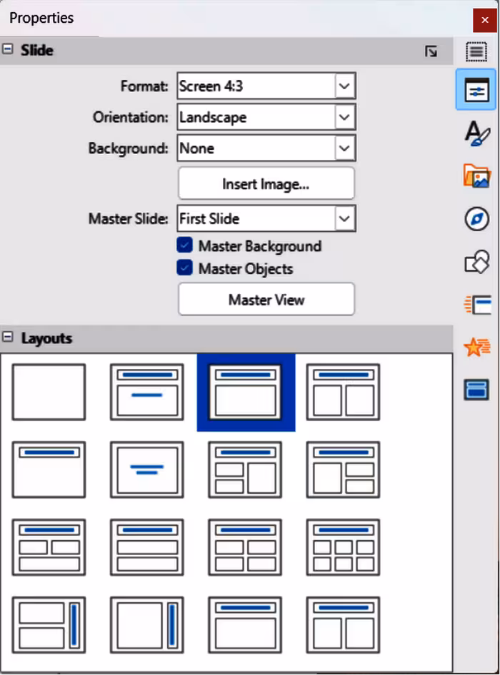 Sidebar Properties deck — Slide and Layouts panels