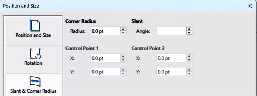 Position and Size dialog — Slant & Corner Radius page