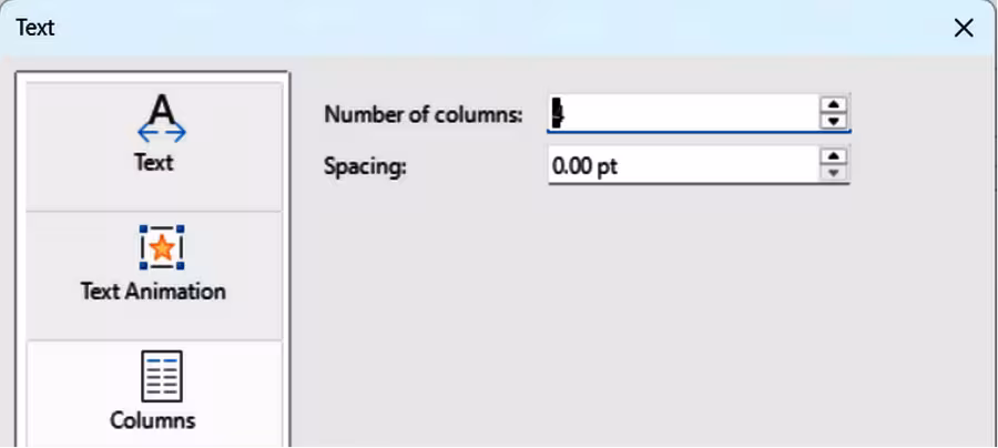 Text dialog — Columns page