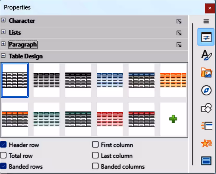 Sidebar Properties deck — Table Design panel
