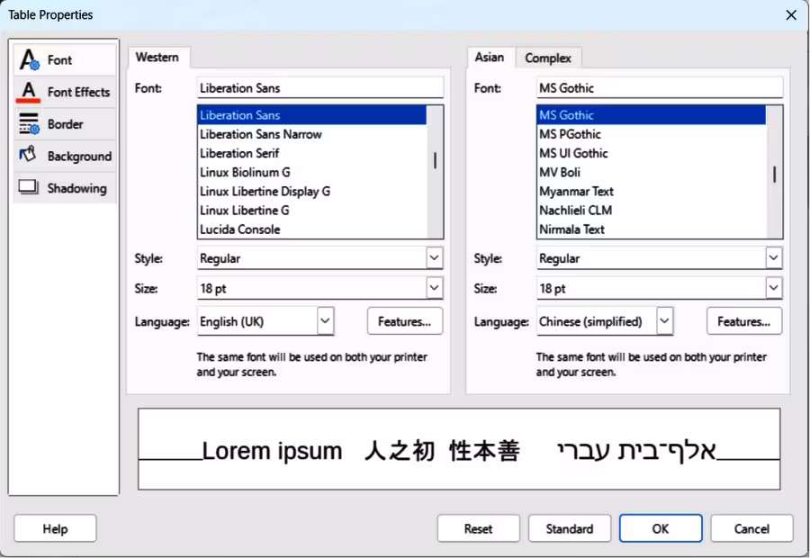 Table Properties dialog — Font page