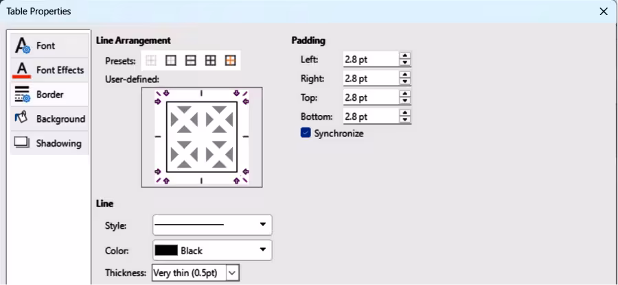 Table Properties dialog — Border page