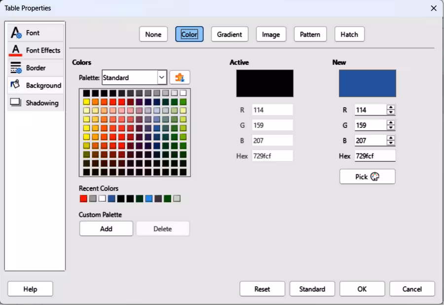 Table Properties dialog — Background Color page