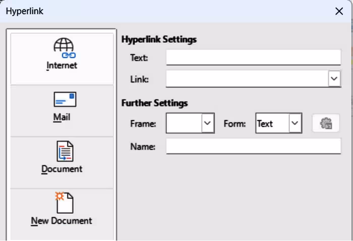 Hyperlink dialog — Internet page