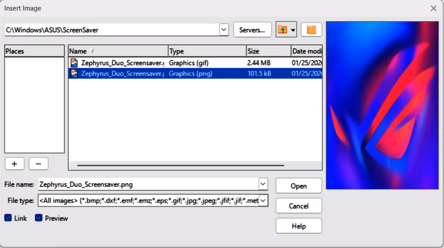 Example of Insert Image file browser