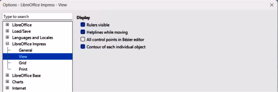 Options LibreOffice Impress dialog — View page