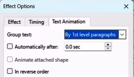Effect Options dialog — Text Animation page