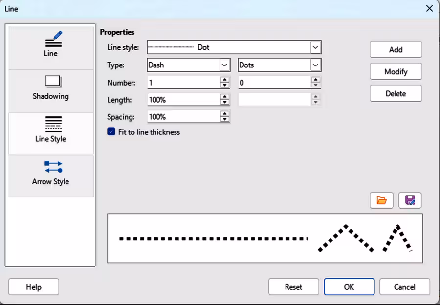 Line dialog — Line Styles page