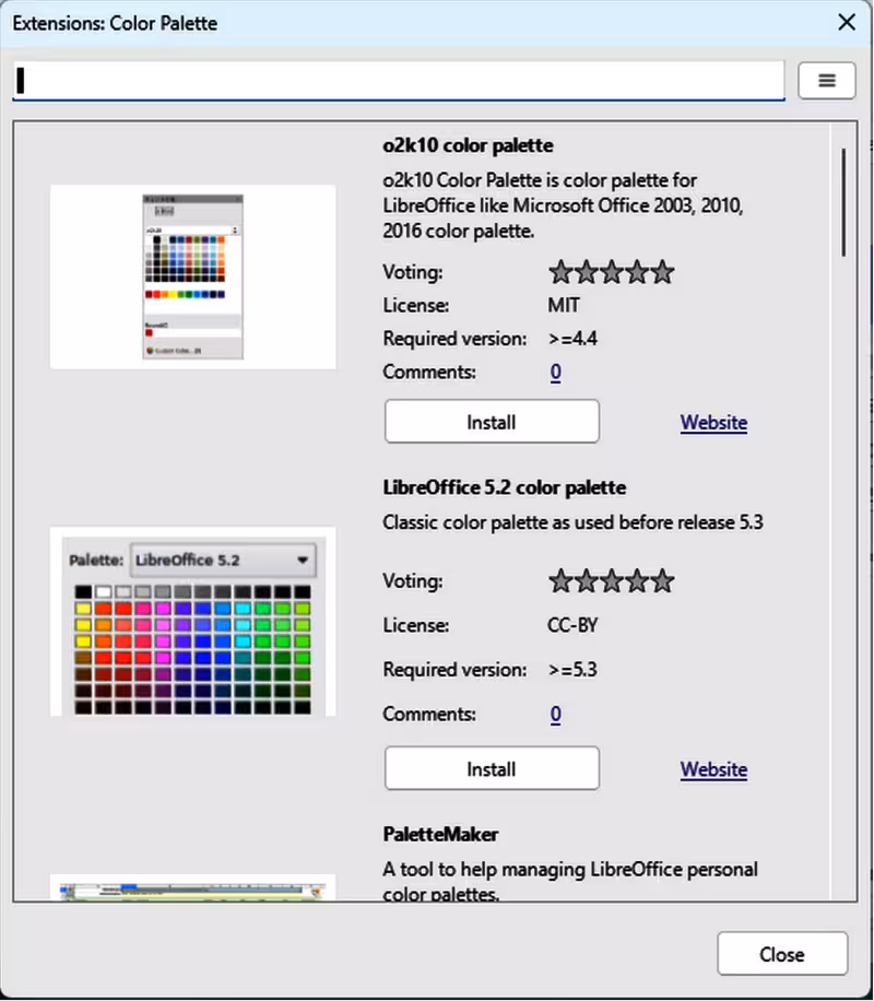 Extensions Color Palette dialog