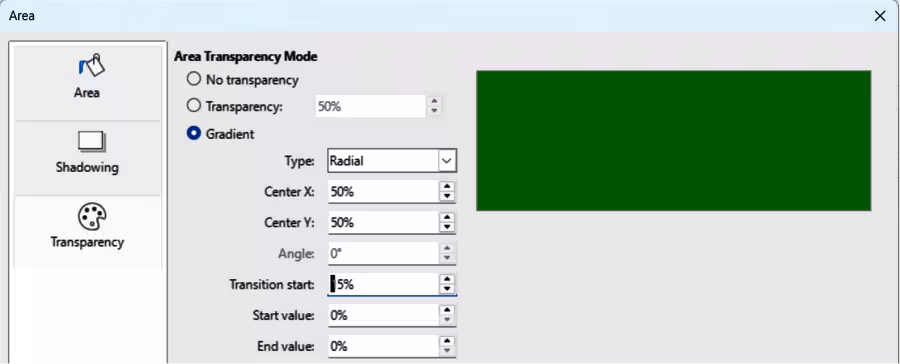 Area dialog — Transparency page