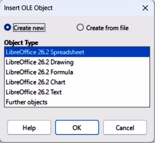 Insert OLE Object dialog — Create new page