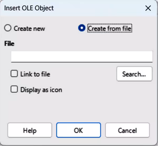 Insert OLE Object dialog — Create from file page