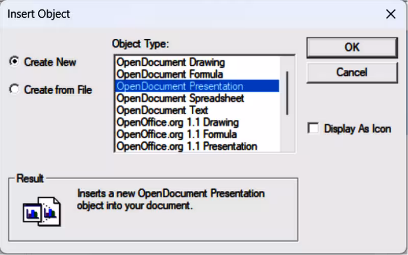 Insert OLE Object dialog — Create New Further Objects page