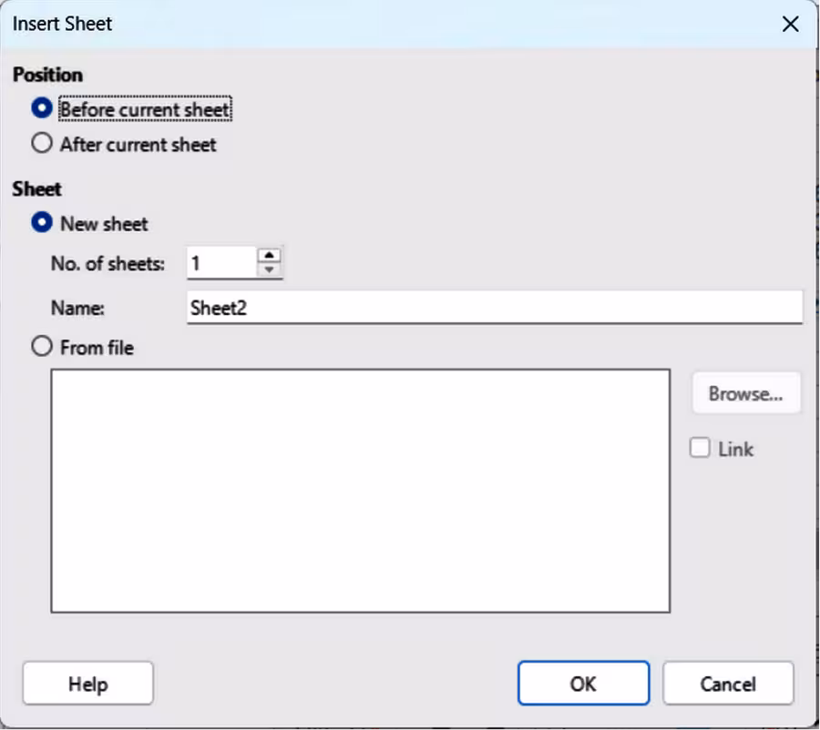 Insert Sheet dialog