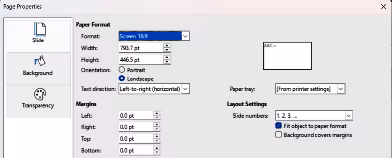 Page Properties dialog — Slide page