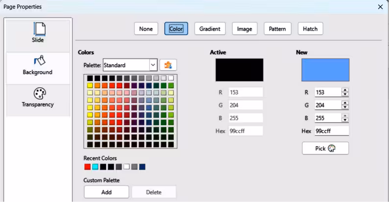 Slide Properties dialog — Background Color page