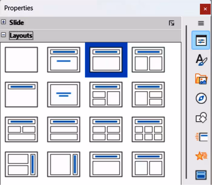 Sidebar Properties deck — Layouts panel