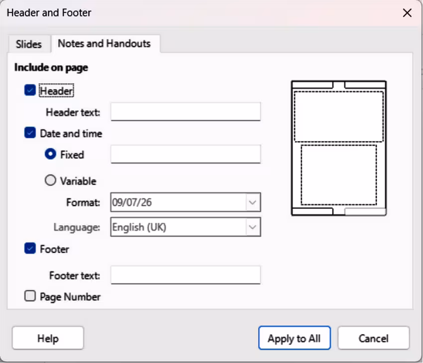 Header and Footer dialog — Notes and Handouts page